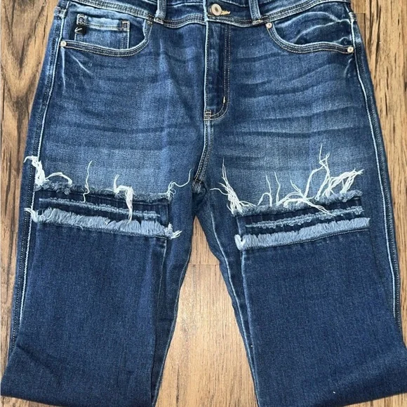 KANCAN WOMENS straight ankle, high rise, distressed hem, dark blue denim Jeans - Picture 6 of 7